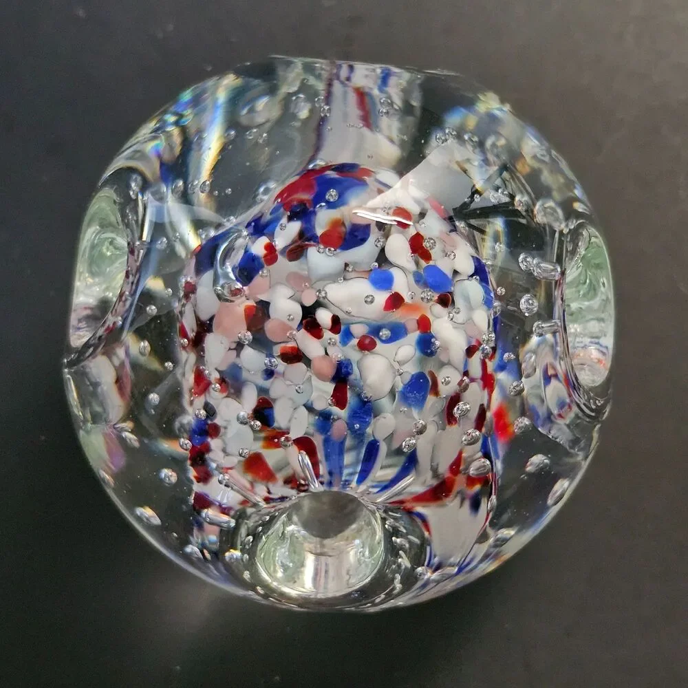Vtg Murano Glass Paperweight Red White Blue Controlled Bubbles Pen Pencil Holder